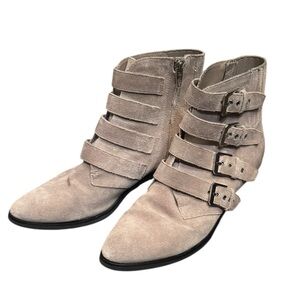 DOLCE VITA TAE Taupe Suede Buckle Moto Ankle Boots Booties Size 9 Side Zip EUC